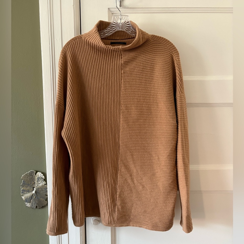 Tahari Tan Ribbed Mock Neck Sweater